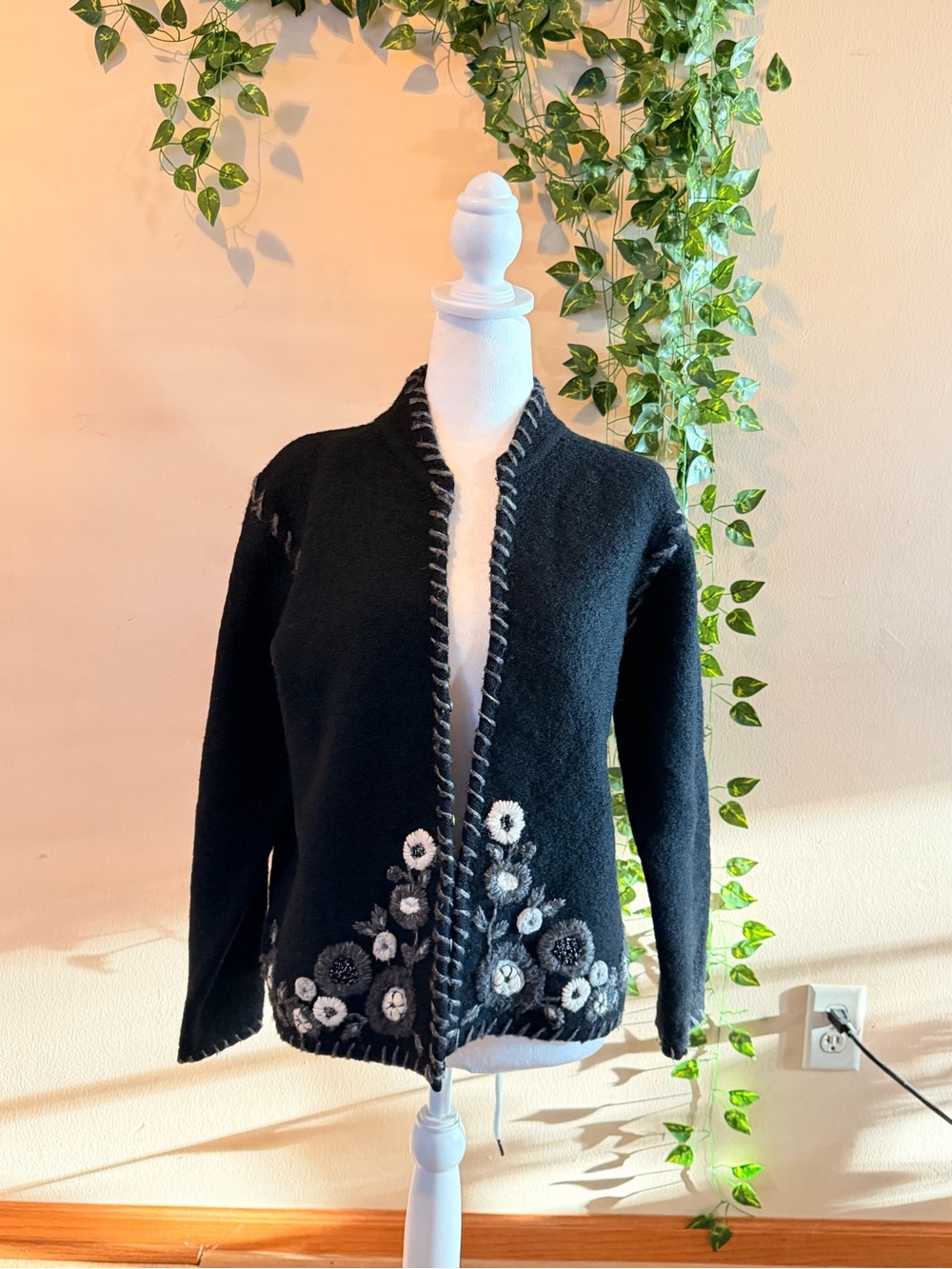 Black Floral-Accent Open Cardigan Sweater